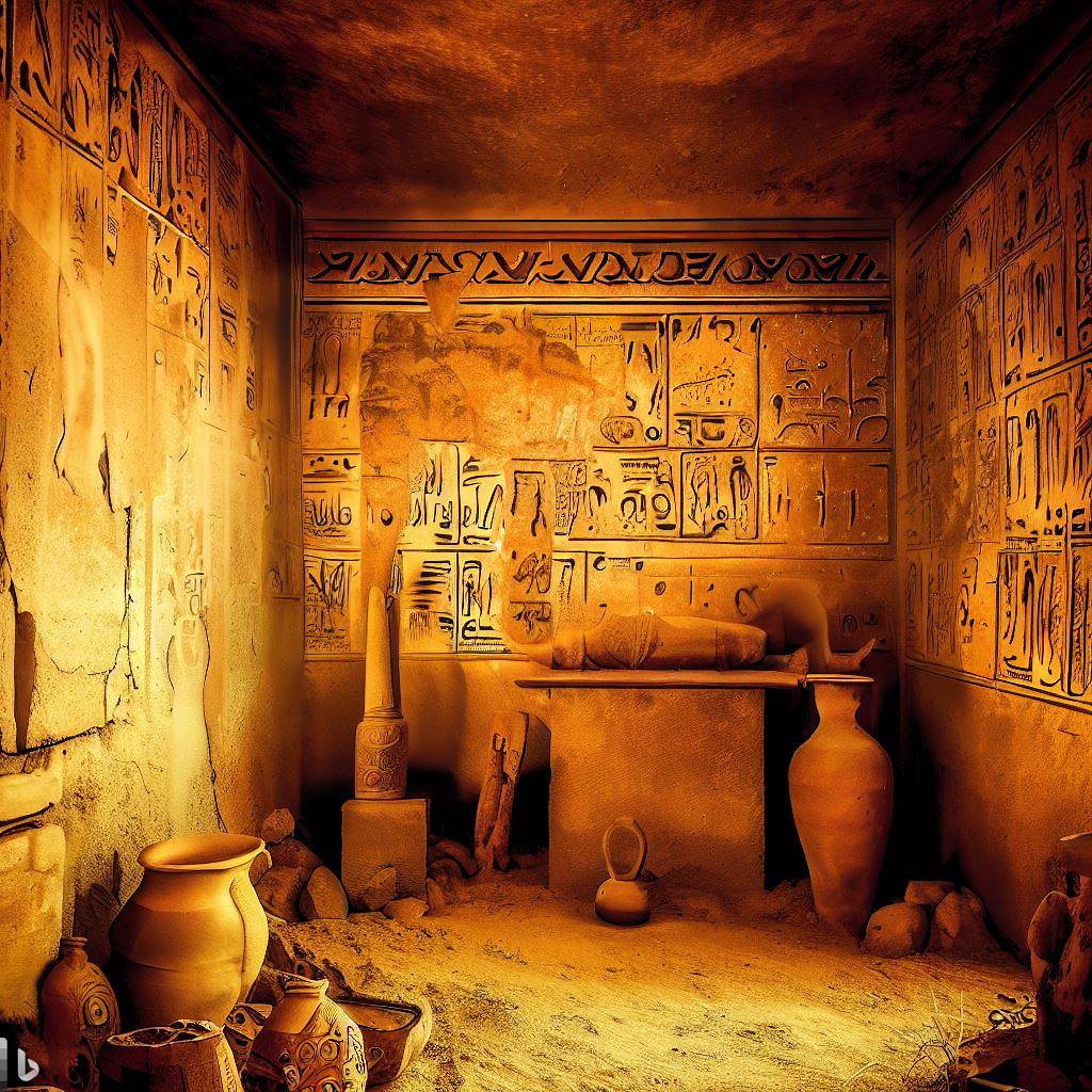 Interior de una tumba antigua con artefactos y jeroglíficos en las paredes. Estilo Histórico y reverente, con tonos tierra, dorados y texturas de piedra antigua.